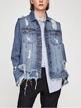 Zara distressed ripped double layer 90’s grunge loose fitting denim jacket